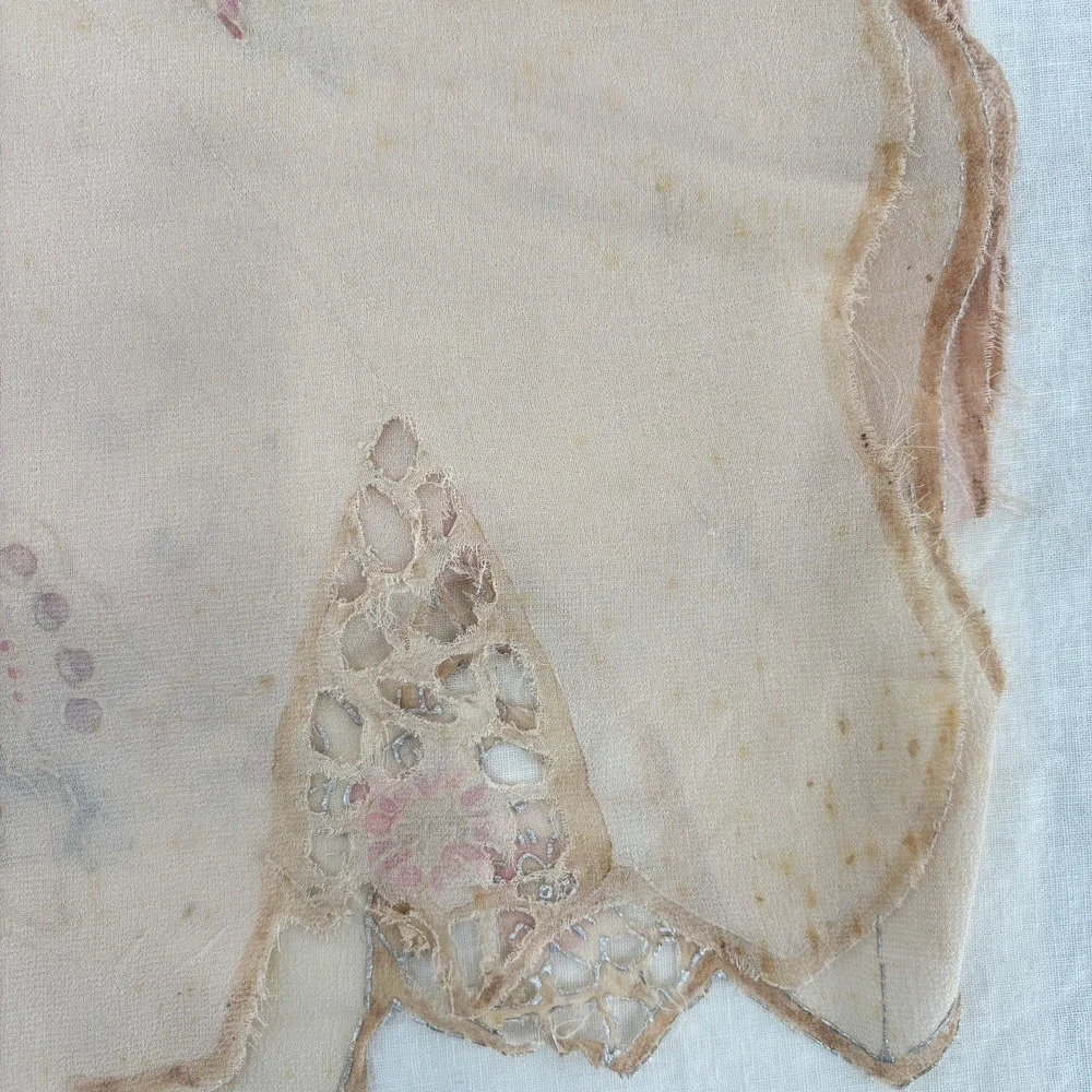 Antique Vtg Silk Scarf Hand Embroidered Cutwork Lace Butterfly Floral Sheer
